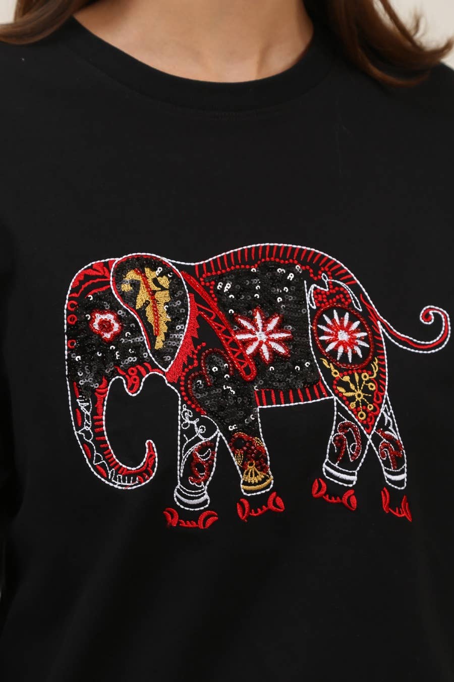 Sweatshirt med rund halsringning, broderad elefant: svart