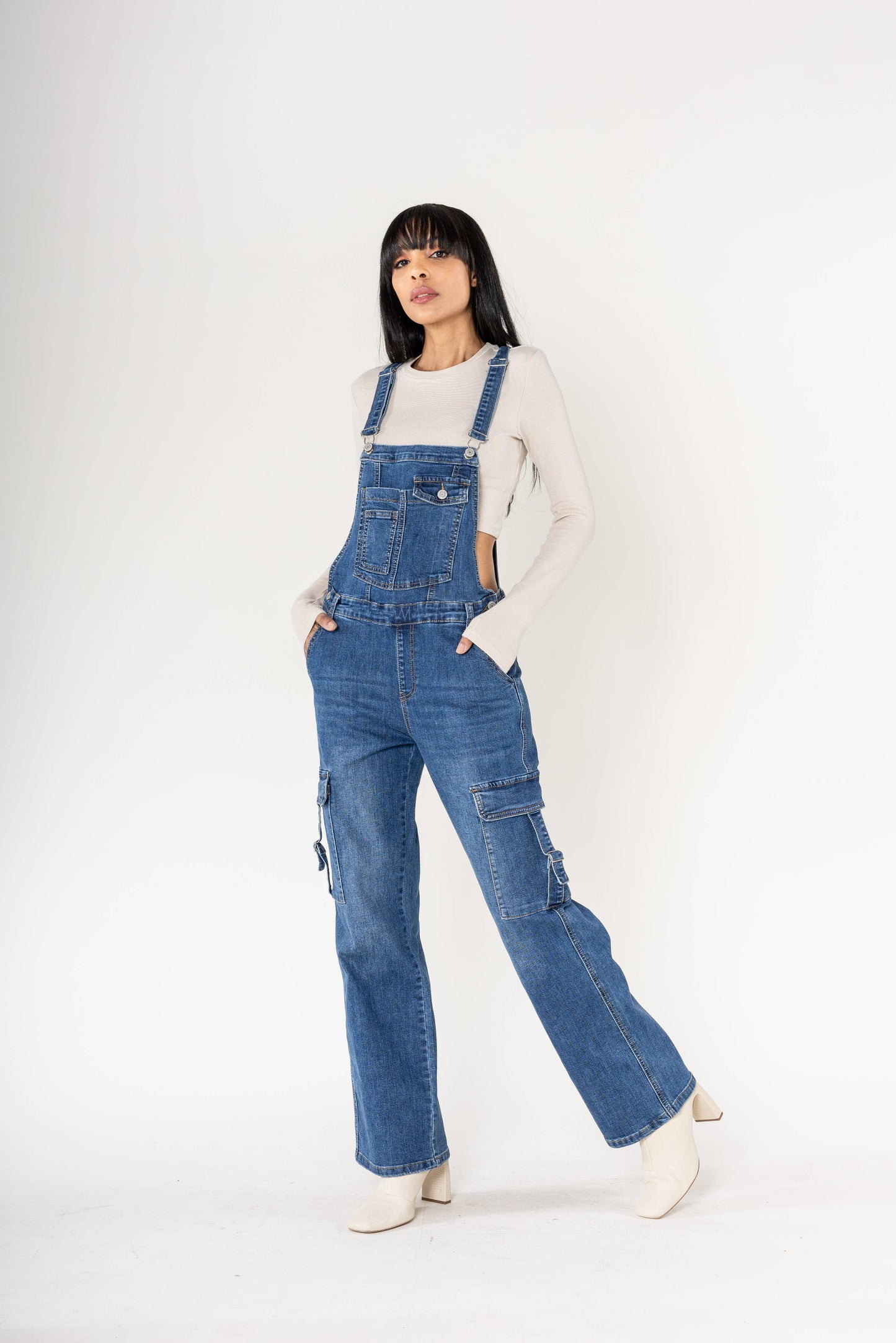 Nina Carter Hängselbyxa Cargo Denim Stretch - Blå