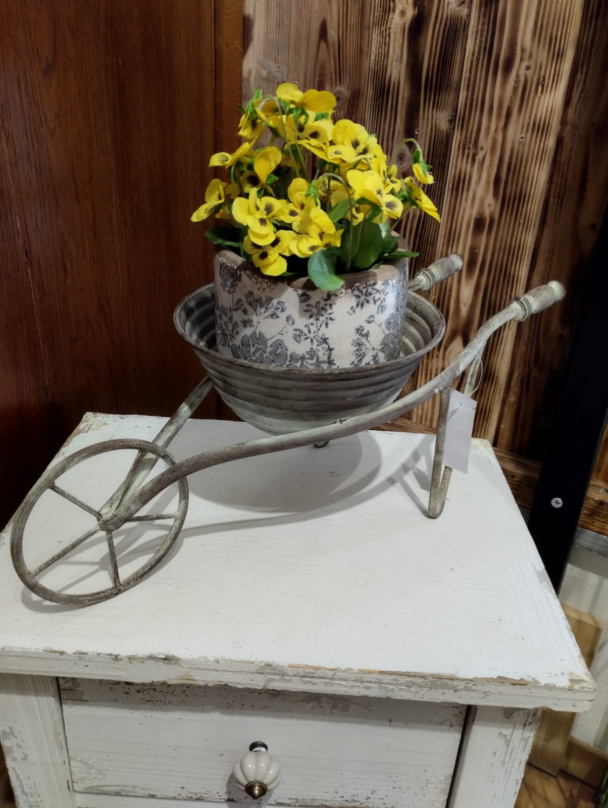 Blomkrukvagn i metall - Grå - Shabby Chic