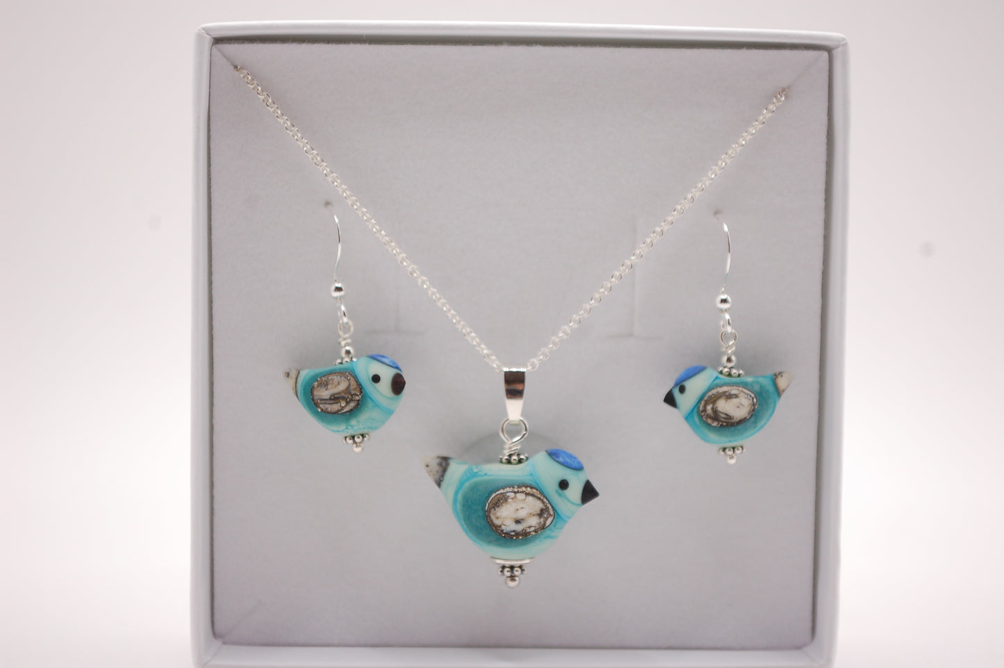 Fågel Halsband + Örhängen i Set - Silver - Turkos - Marianne Degener