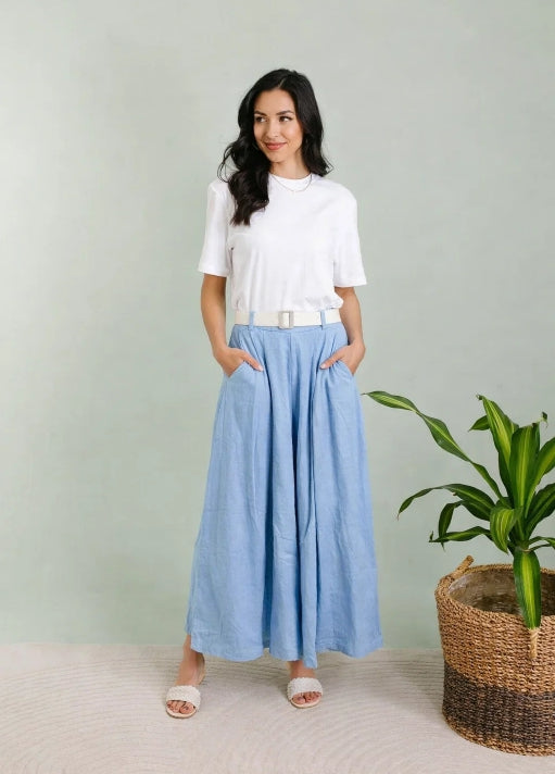 Byxor m. skärp i 100% linne : Himmel Blå