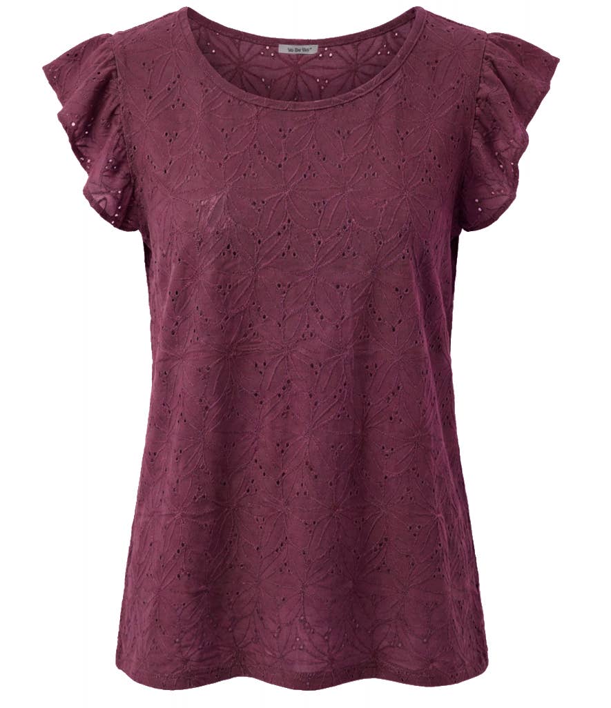 T-shirt med volangärmar i reliefstickad jacquard: Bordeaux / L