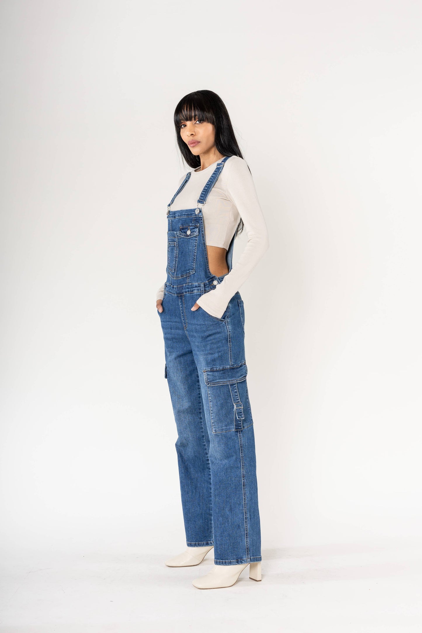 Nina Carter Hängselbyxa Cargo Denim Stretch - Blå