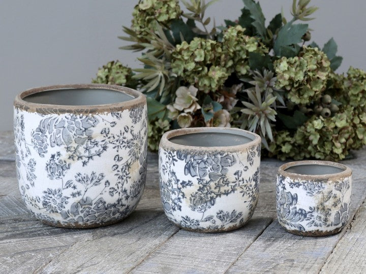 Kruka Lourdes med fransk blommönster - Antik Blå - H14 cm
