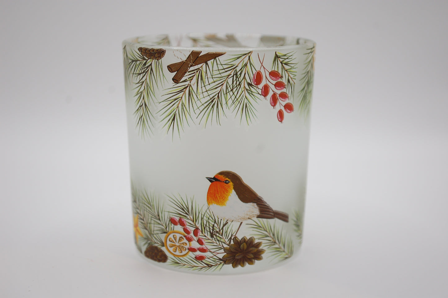 Värmeljushållare med granar och fågelmotiv i glas