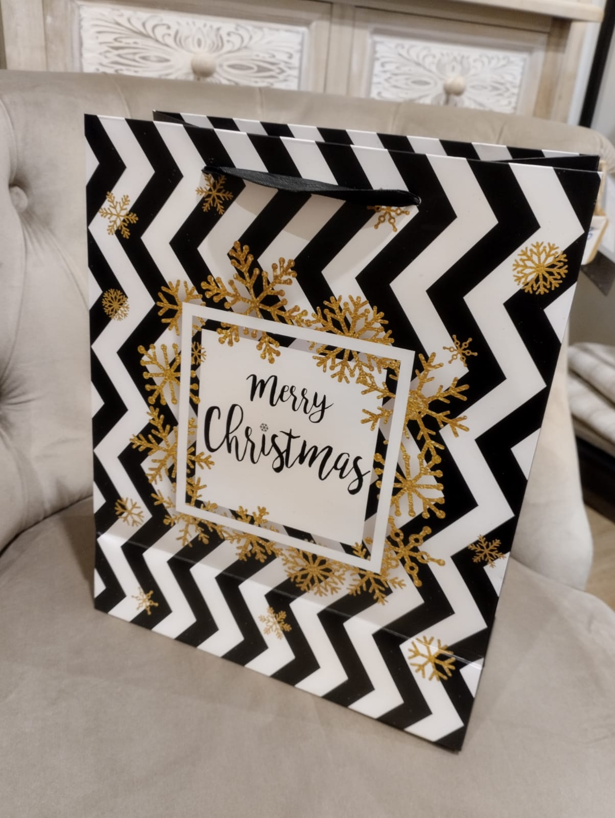 Presentpåse - Svart Med Glitter - Merry Christmas