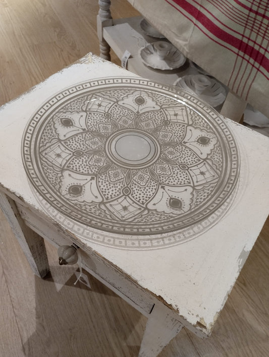 Serveringsfad i glas - Grå mønster - Diameter 31 cm