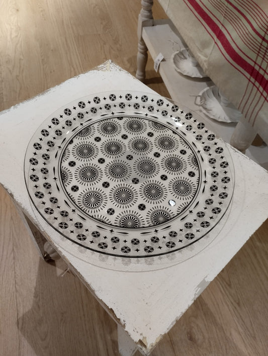 Serveringsfad i glas - Sort mønster - Diameter 31cm