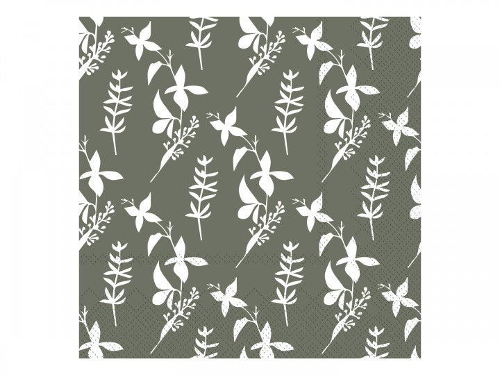 Pappersservetter Grön/Vita Blommor 3-lags, 33x33cm