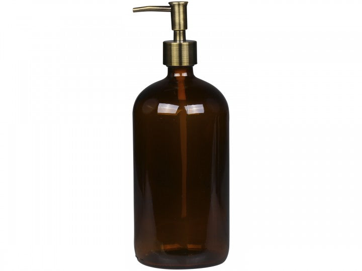 Moccafärgad glasflaska med pump till bl a tvål & diskmedel, rymmer ca 1000 ml. Medföljer 2 stycken pumpar, en i svart plast samt en i antikfärgad mässing. Obs - Pumparna bör diskas för hand & ej i diskmaskin. Mått: H26 Ø9,5 cm Färg: mocca Material: Glas, plast & metall