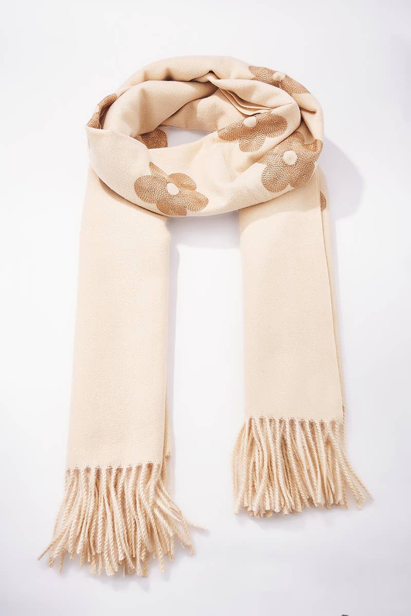 Ullsjal med blommönster: Beige - 30% Ull