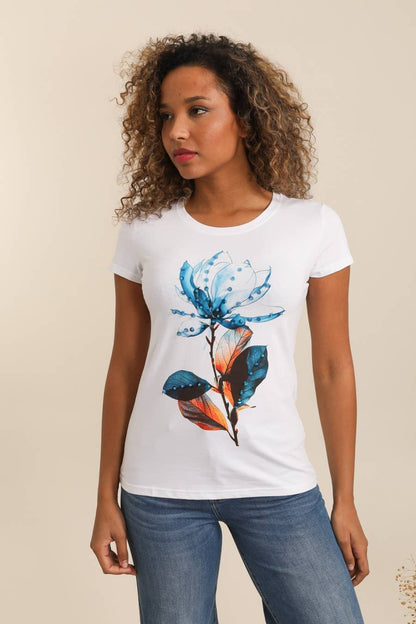 Bomulls-T-shirt med blommig strassdekor: vit