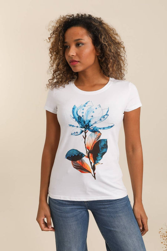 Bomulls-T-shirt med blommig strassdekor: vit