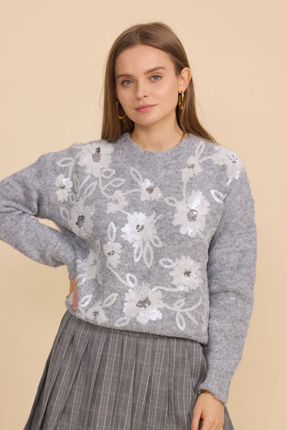 Mjuk stickad tröja med blommiga broderade strass - Grå