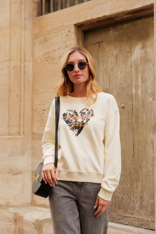 Sweatshirt med rund hals, hjärta: vit