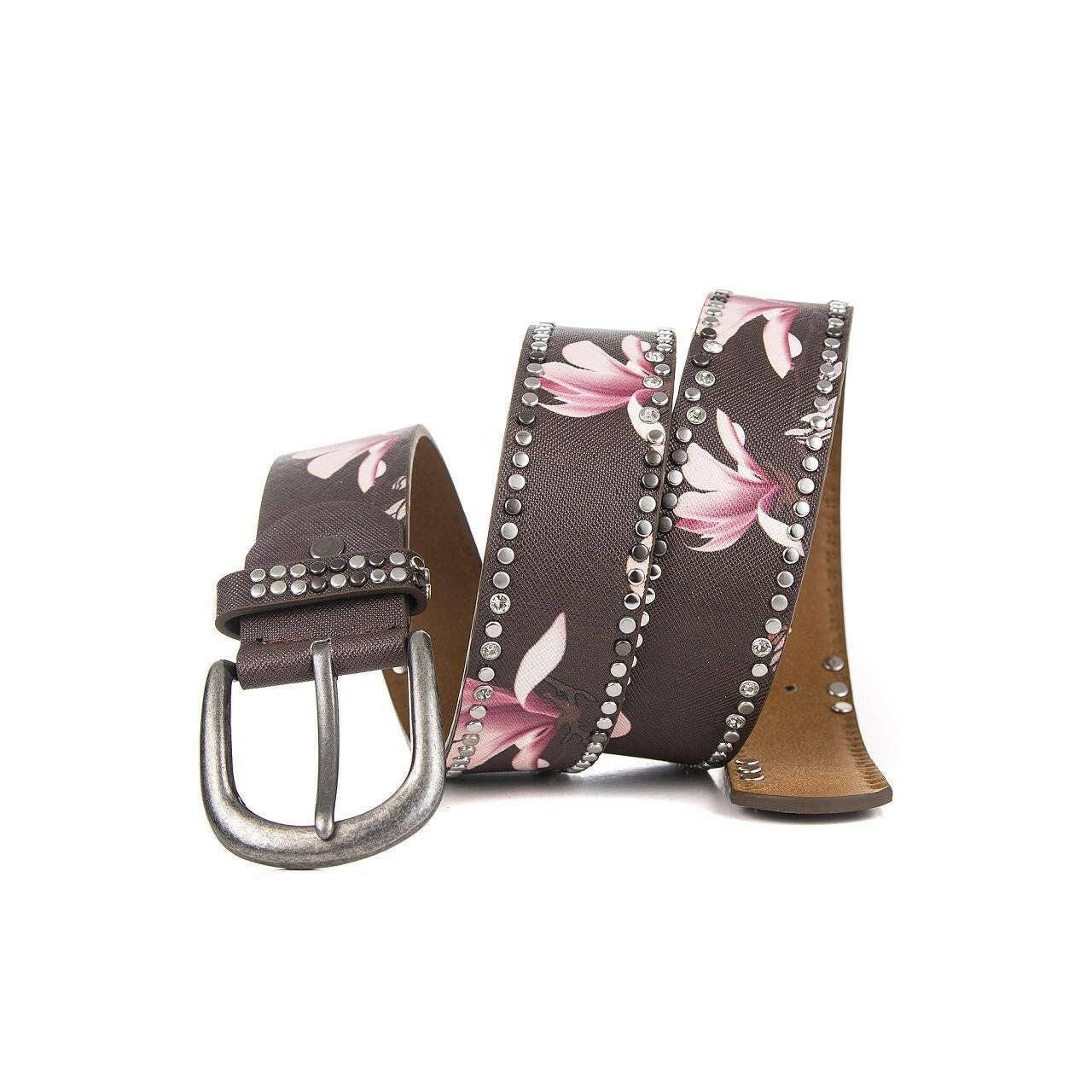 Trendy kvinnligt bälte med blommor och nitar: Brun