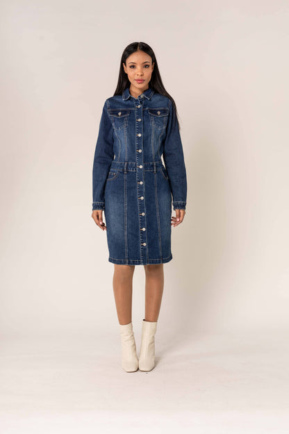 Stretch knäppt långärmad denimklänning