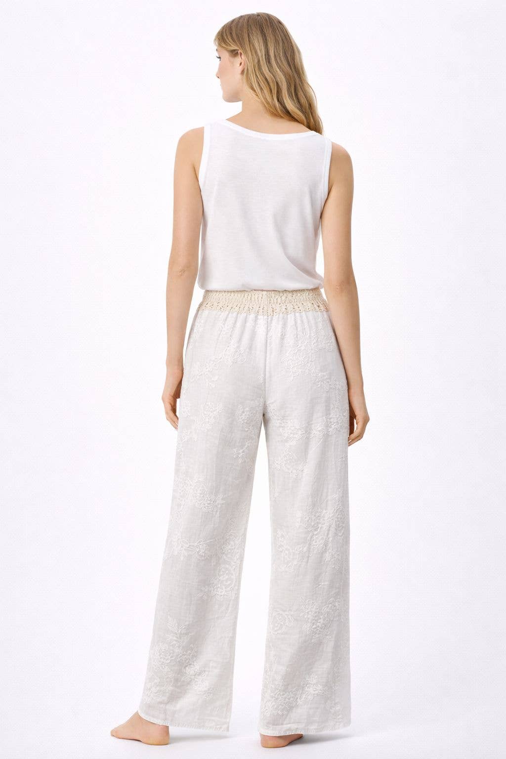 Broderade långbyxor i bomull: beige