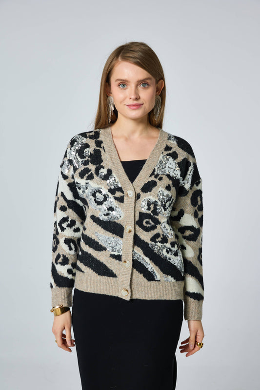 Leopardstickad kofta med strass - Beige