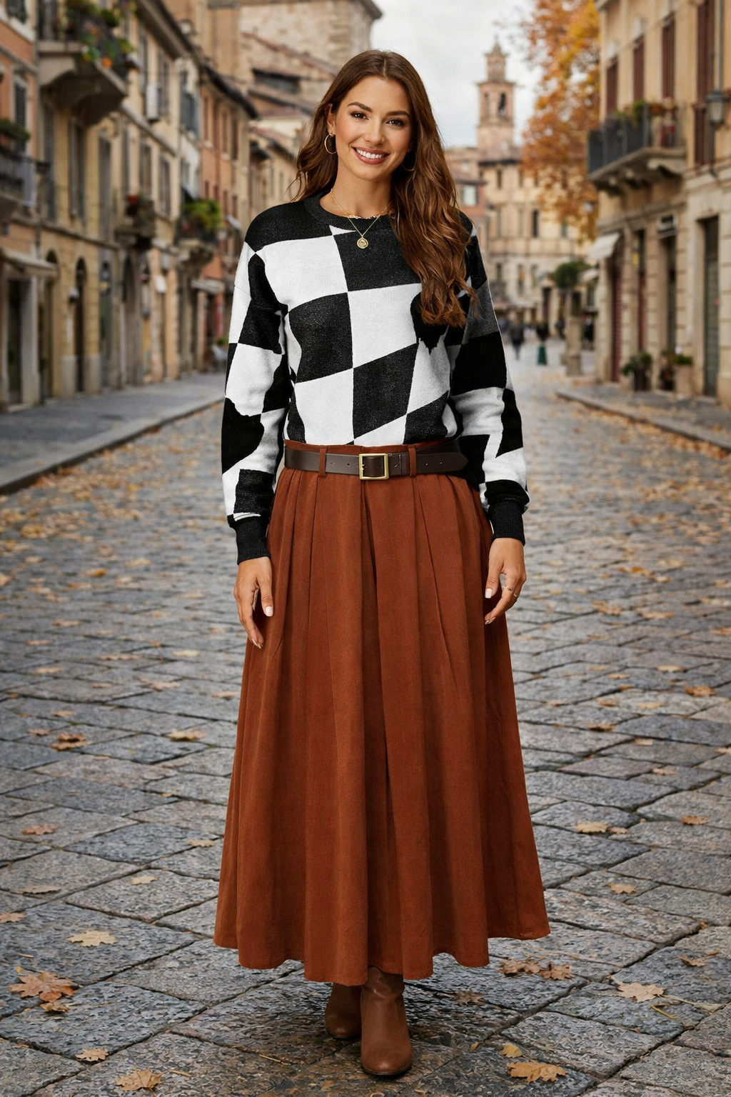 Manchesterskjol med bälte 100% Bomull Made in Italy: Rost