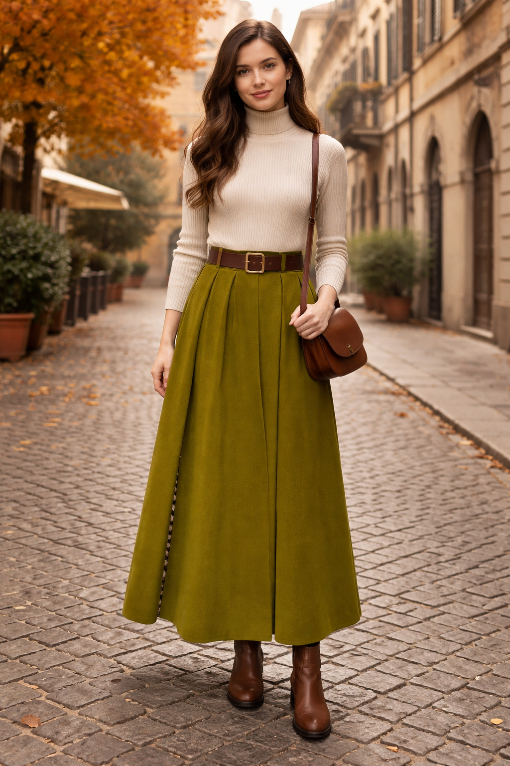 Manchesterskjol med bälte 100% Bomull Made in Italy: Khaki