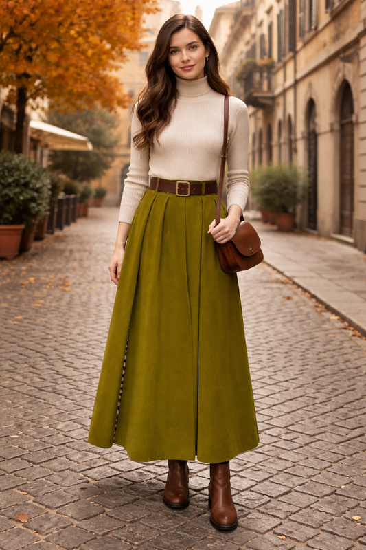 Manchesterskjol med bälte 100% Bomull Made in Italy: Khaki