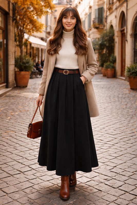 Manchesterskjol med bälte 100% Bomull Made in Italy: Svart