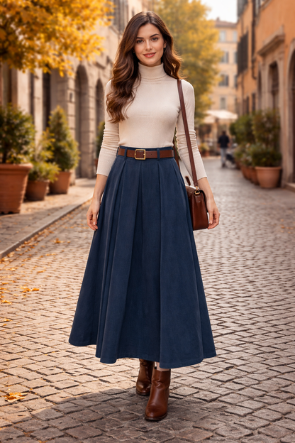 Manchesterskjol med bälte 100% Bomull Made in Italy: Navy