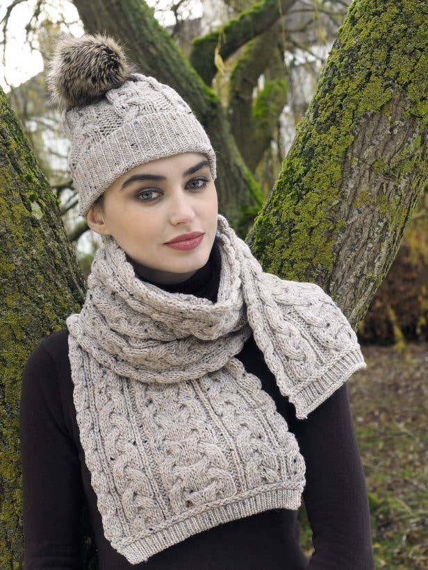 Kabelstickad Mössa - 100% Merinoull - grön / En storlek