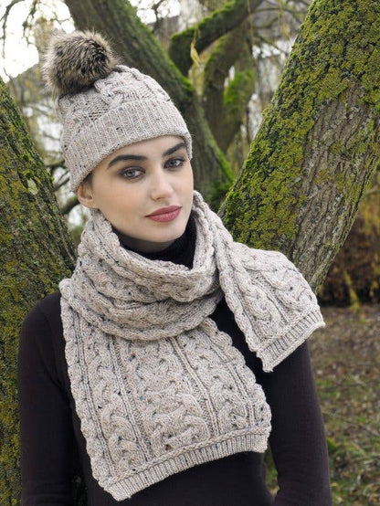 Kabelstickad Mössa - 100% Merinoull - grön / En storlek