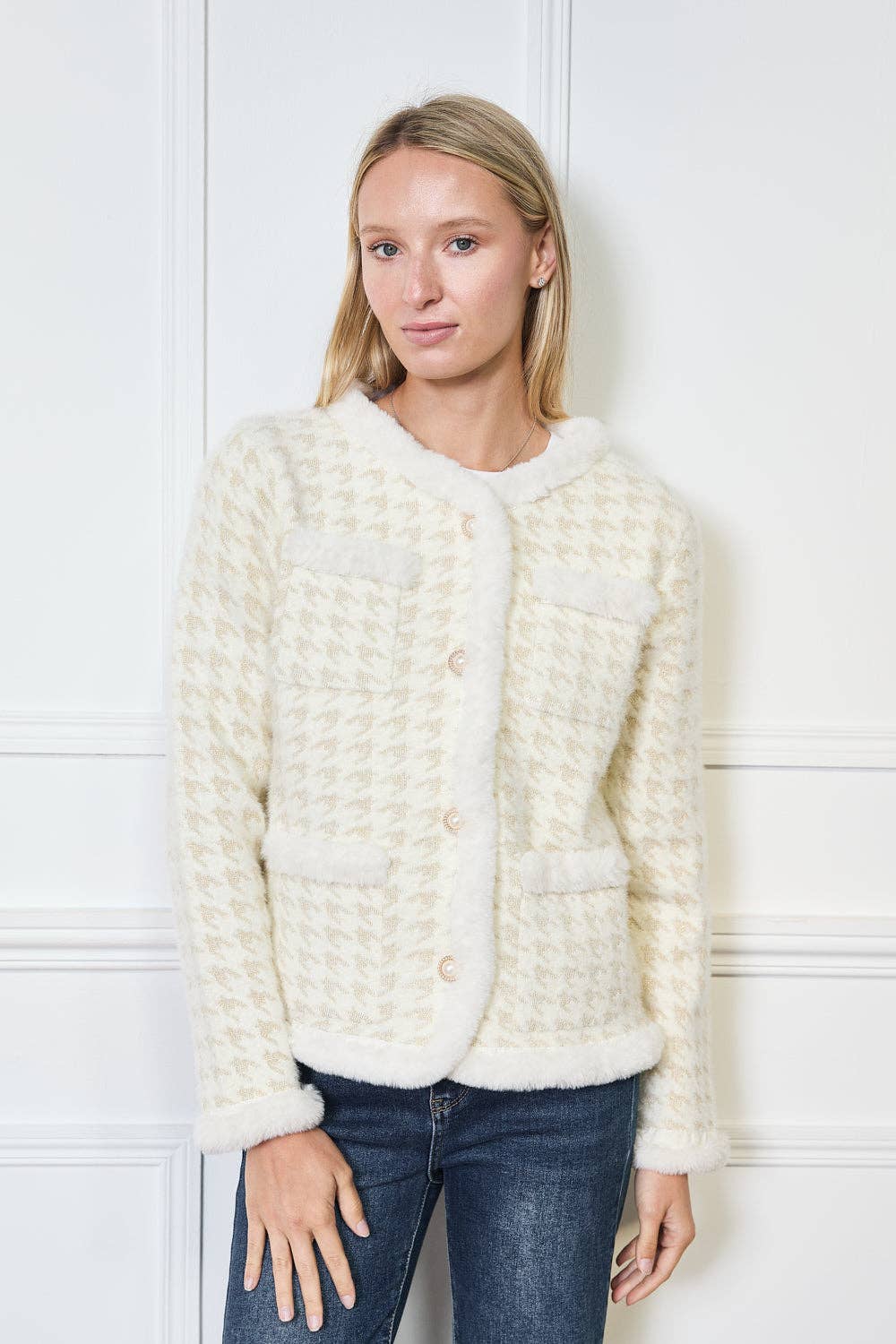 Houndstooth kofta med fuskpäls trim - Onesize