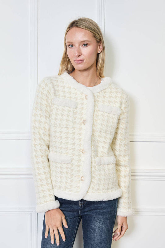 Houndstooth kofta med fuskpäls trim - Onesize