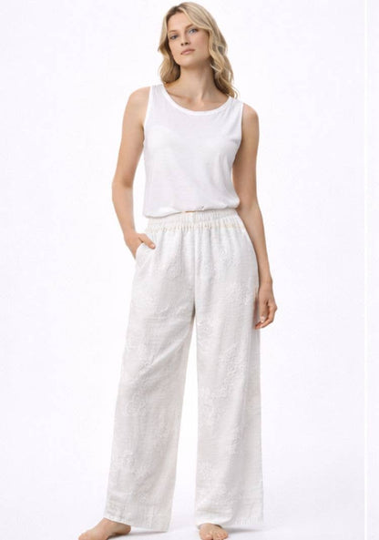 Broderade långbyxor i bomull: beige