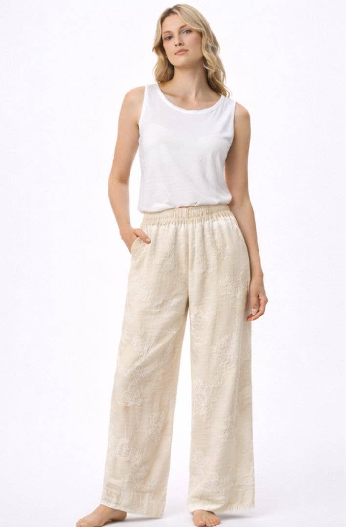 Broderade långbyxor i bomull: beige