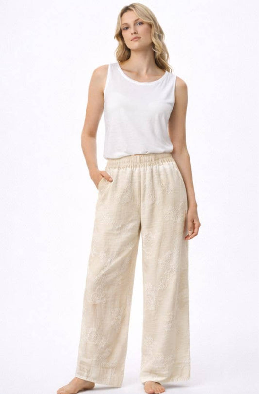 Broderade långbyxor i bomull: beige