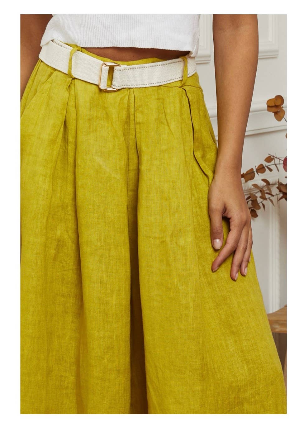 Byxor m. skärp i 100% linne : Senap