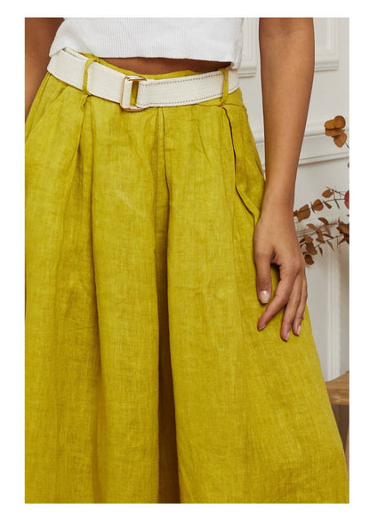 Byxor m. skärp i 100% linne : Senap