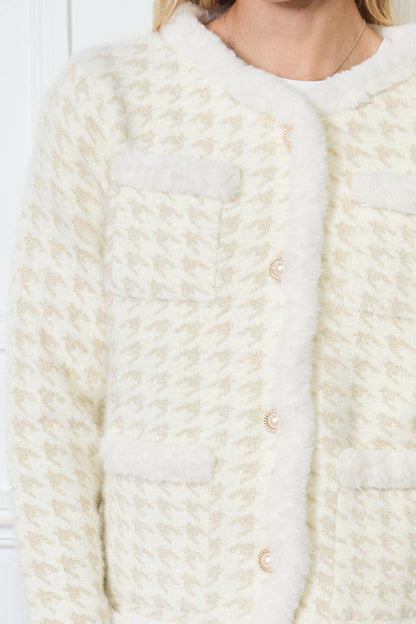 Houndstooth kofta med fuskpäls trim - Onesize