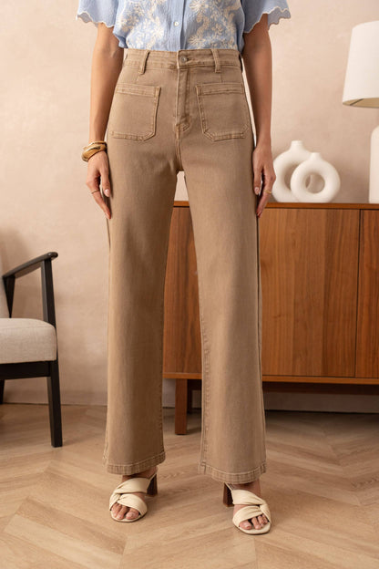 Jeans med vida ben och påsydda fickor: Kamel