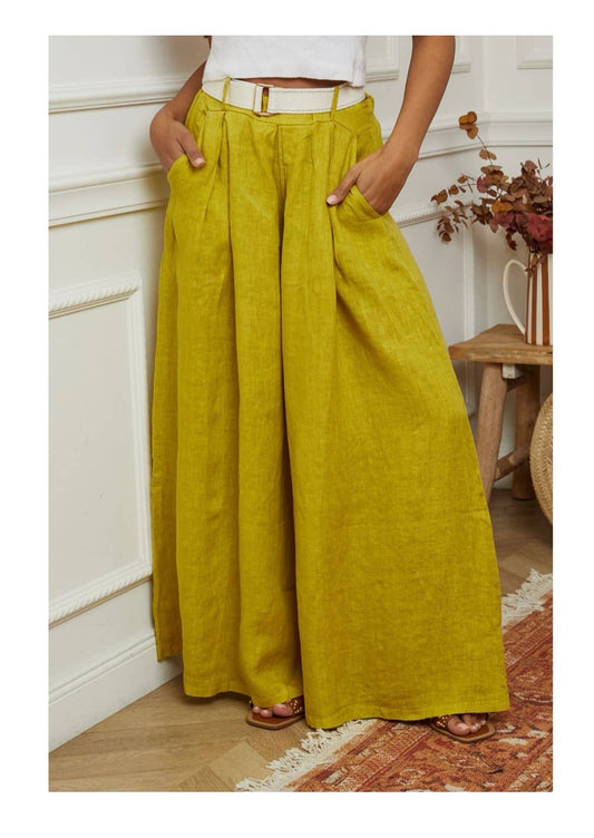 Byxor m. skärp i 100% linne : Senap