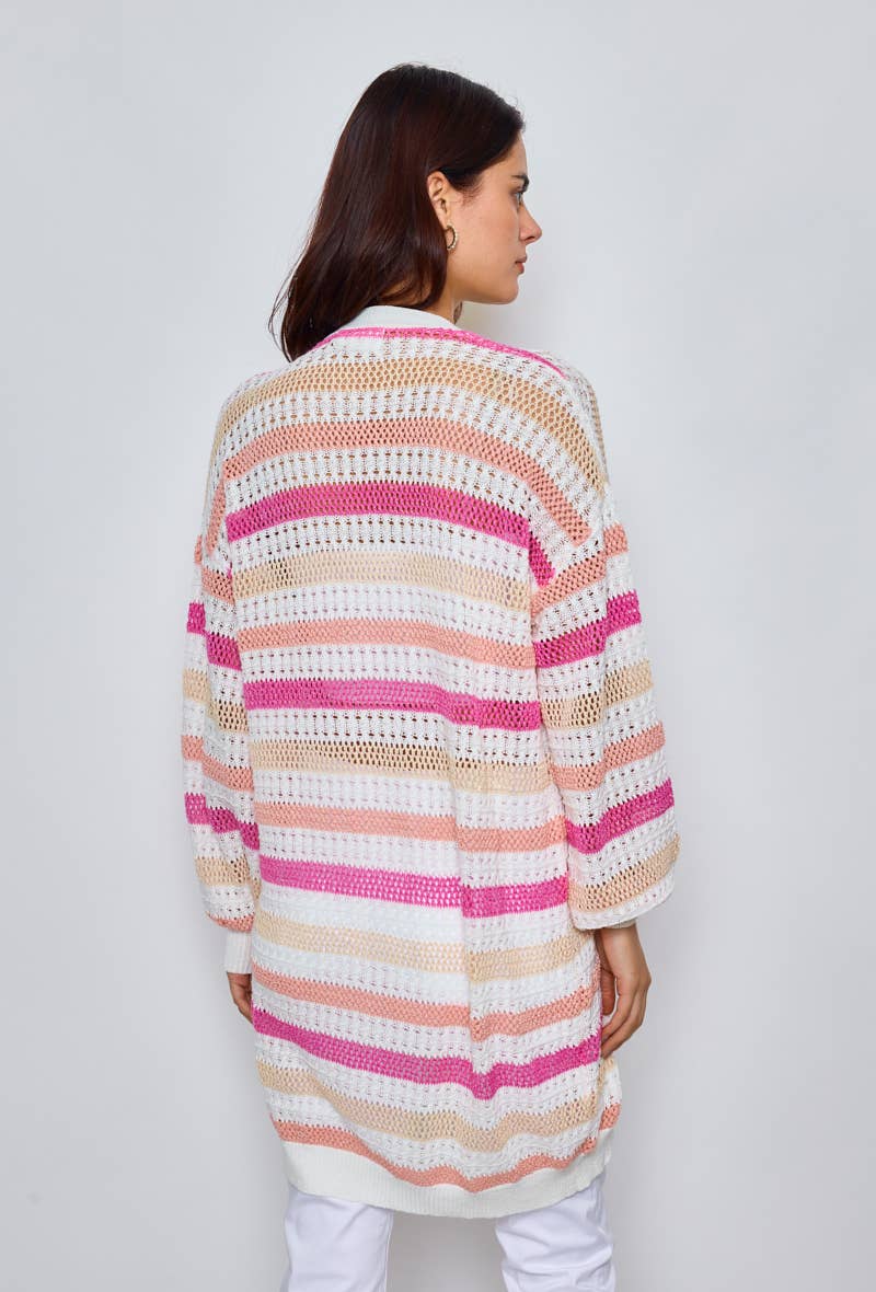 Lång virkad cardigan - 100 % Bomull - Rosa L/XL