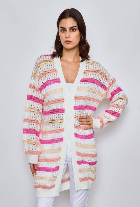 Lång virkad cardigan - 100 % Bomull - Rosa L/XL