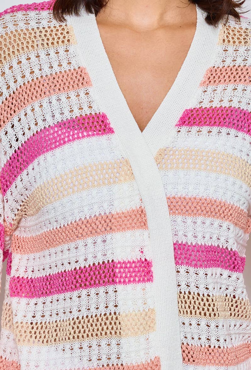 Lång virkad cardigan - 100 % Bomull - Rosa L/XL