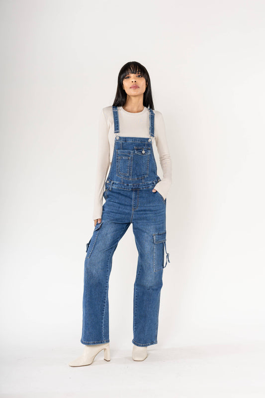 Nina Carter Hängselbyxa Cargo Denim Stretch - Blå