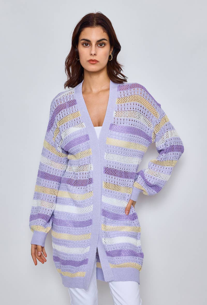 Lång virkad cardigan - 100 % Bomull - Lavendel L/XL