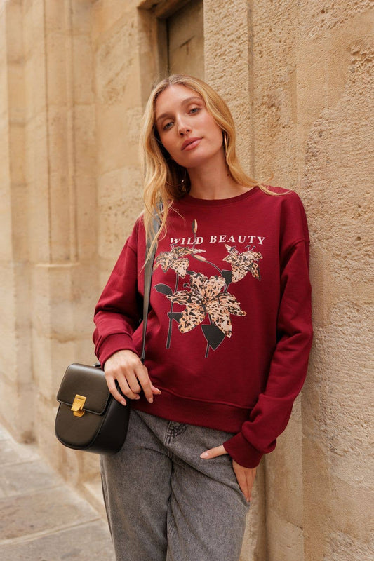 Sweatshirt med rund hals, ”Vild skönhet”: Bordeaux