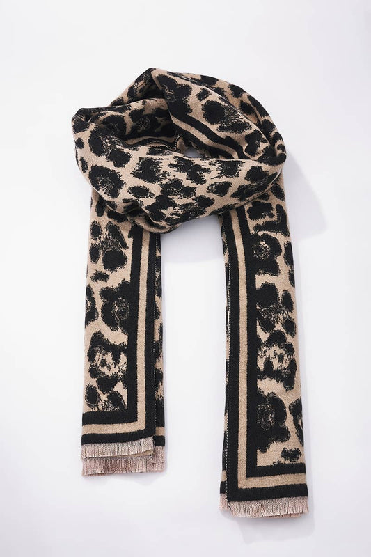 Leopardmönstrad halsduk i ull: Kamel - 30% Ull