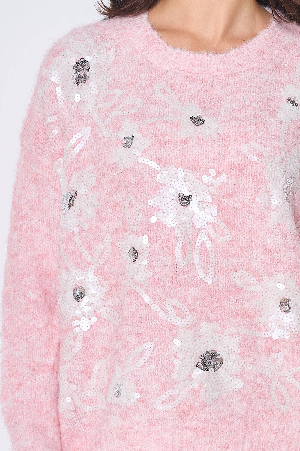 Mjuk stickad tröja med blommiga broderade strass - Färg: Rosa