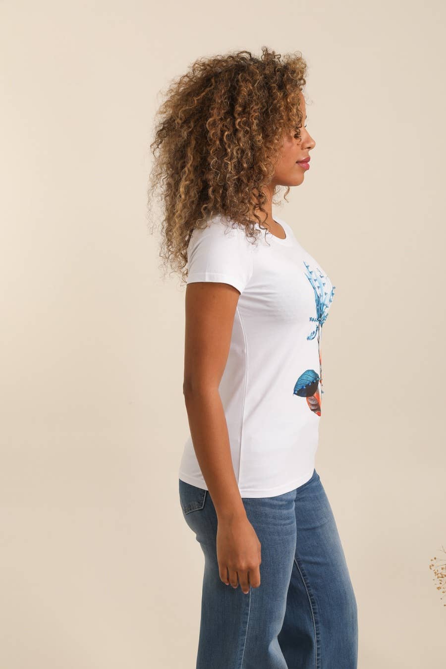 Bomulls-T-shirt med blommig strassdekor: vit