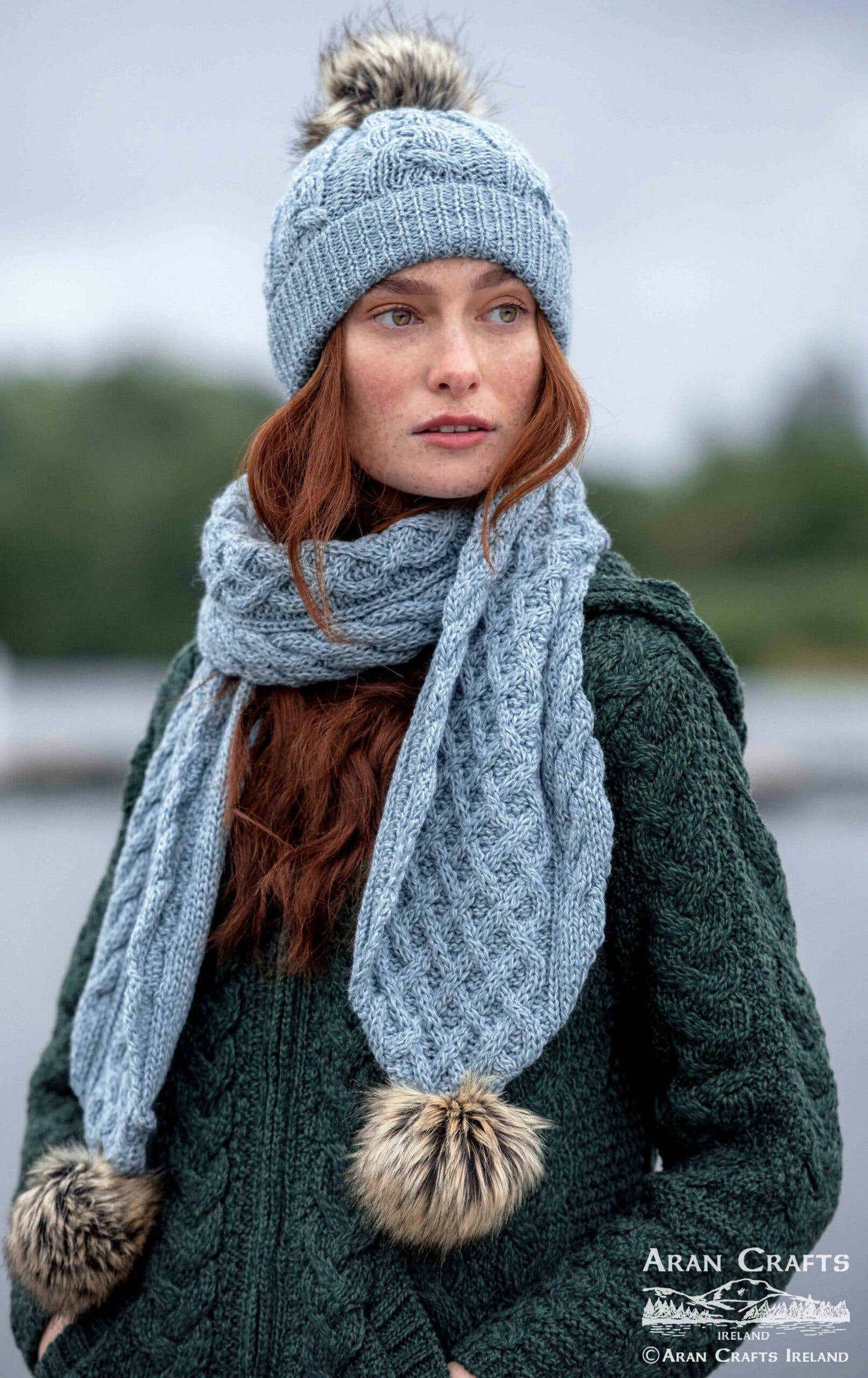 Kabelstickad Mössa - 100% Merinoull - grön / En storlek